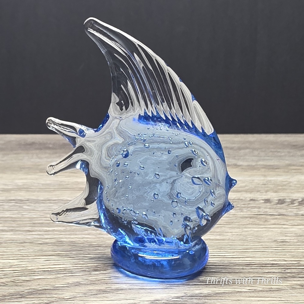 Vintage Blue Angel Fish Figurine 3.75" Hand Blown Glass Art Controlled Bubble - Picture 1 of 11